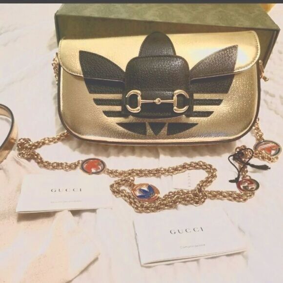 BNIB Ltd.Ed. GUCCI x ADIDAS Gold Metallic Leather Handbag #722009520981 $4250 main image 11